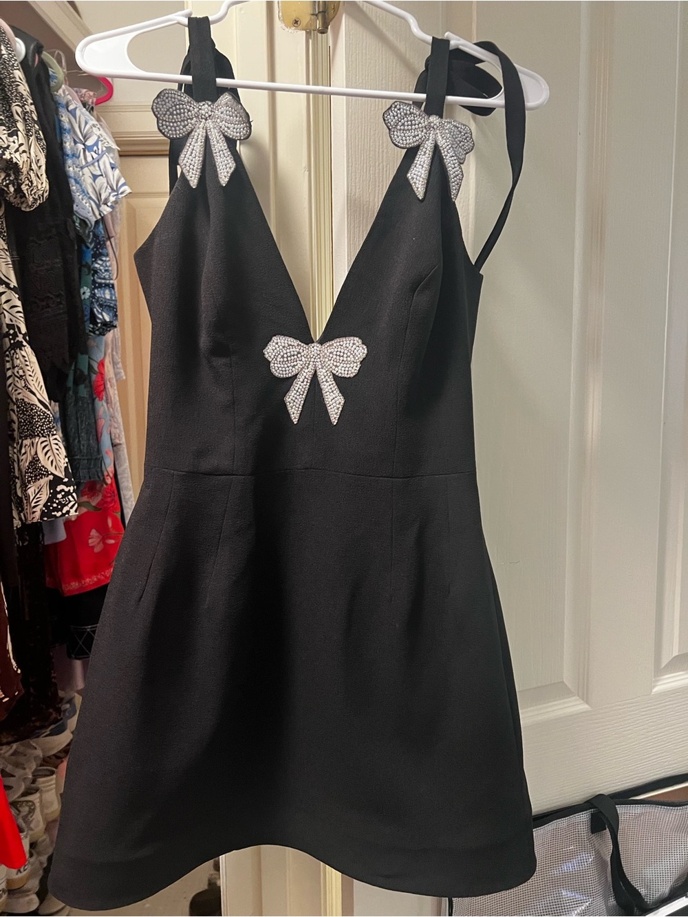 Helsi Black Mini Dress with Rhinestone Bow Accents
